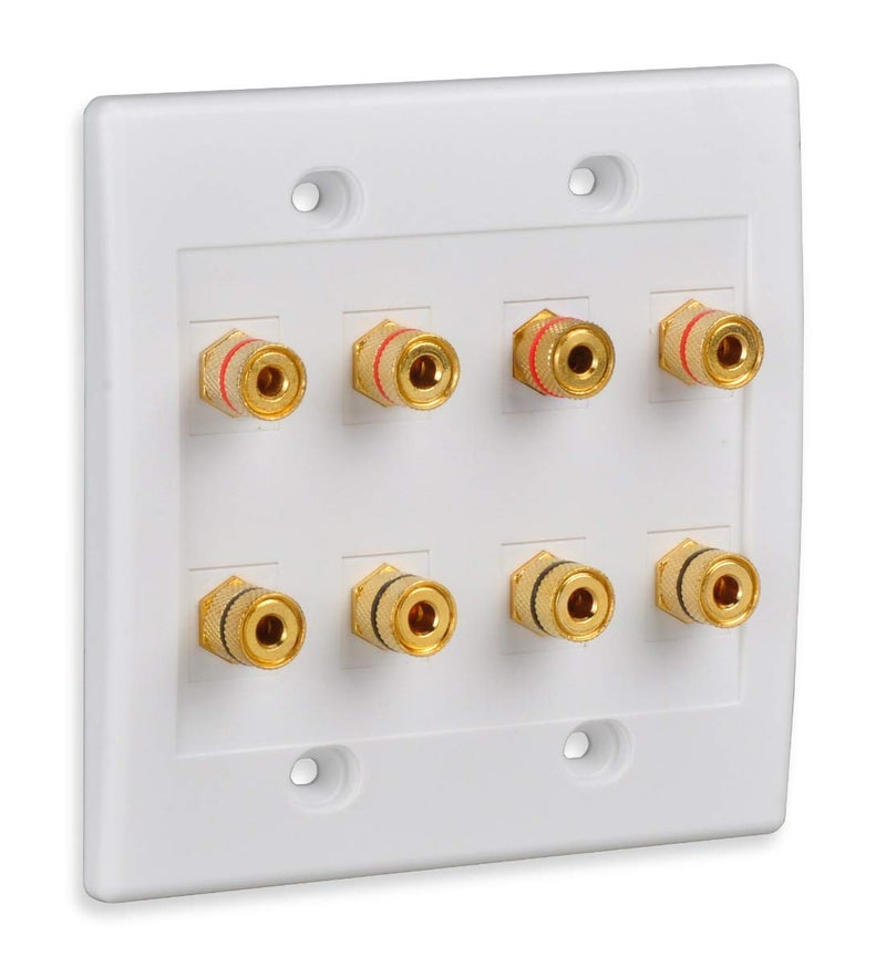HTTX Speaker Wall Plate with 8 Banana Binding Posts, HTTX [2-Gang] White Gold-Plated Female Speaker Wire Socket Connector for Wallplate with Black & Red Rings - Image 1